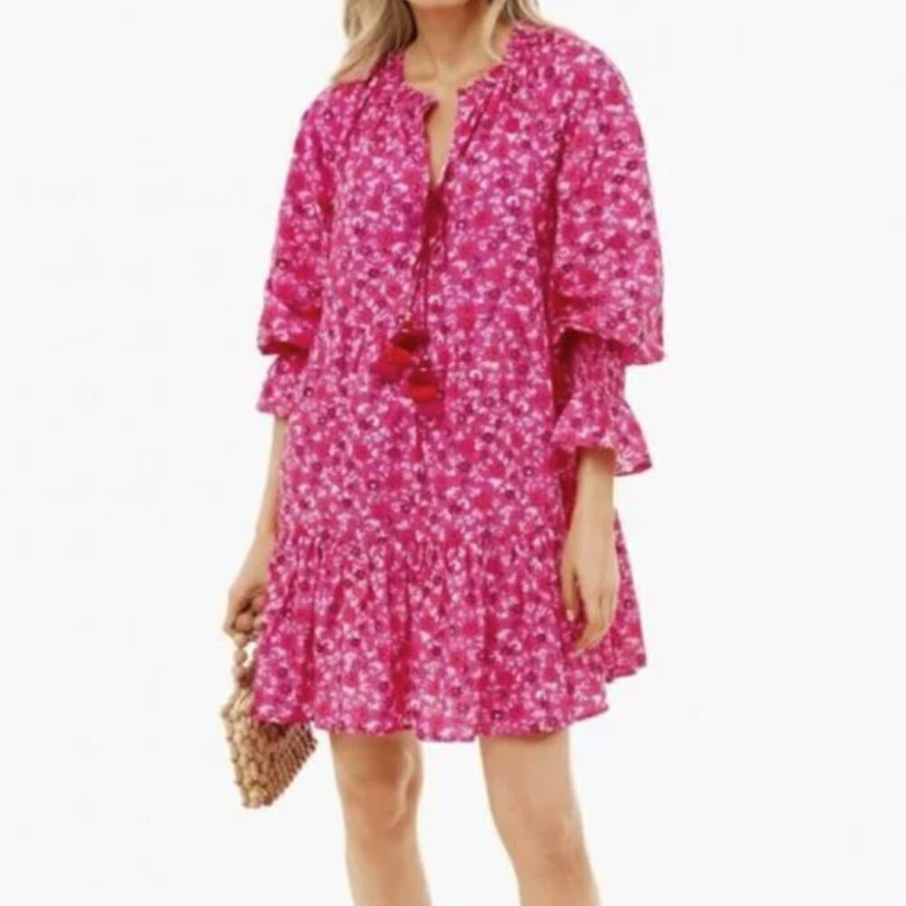 Figue | Bella Dress Tiered Popover Mini Dress Smocked Sleeve Pink Floral Size S - Picture 2 of 15